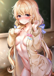 Rule 34 | 1girl, absurdres, bad id, bad pixiv id, blonde hair, blue ribbon, blush, breasts, cardigan, closed mouth, collarbone, commentary request, furong (furong 0), futaba anzu, hair ribbon, highres, idolmaster, idolmaster cinderella girls, idolmaster cinderella girls starlight stage, lifted by self, long hair, long sleeves, looking at viewer, low twintails, medium breasts, naked cardigan, navel, open cardigan, open clothes, ribbon, solo, sweat, twintails, very long hair, yellow cardigan, yellow eyes