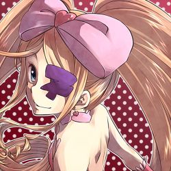 Rule 34 | 10s, 1girl, blonde hair, blue eyes, bow, dress, drill hair, earrings, eyepatch, from behind, grin, hair bow, harime nui, heart, hiyotooshi, jewelry, kill la kill, long hair, pink bow, pink dress, smile, solo, strapless, strapless dress, twin drills, twintails, upper body, wrist cuffs