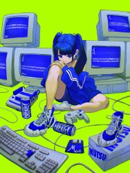 Rule 34 | 1girl, bare shoulders, black hair, black shorts, blue eyes, blue footwear, blue jacket, blue screen of death, blue theme, blunt bangs, cable, can, closed mouth, computer, crt, double vertical stripe, drink can, energy drink, famicom, fanged bangs, floppy disk, full body, game console, gamecube controller, green background, hands on own knee, highres, jacket, kagenoyuhi, keyboard (computer), knee up, long hair, long sleeves, looking at viewer, monitor, off shoulder, original, own hands together, revision, shoe box, shoelaces, shoes, short shorts, shorts, simple background, single shoe, sitting, sneakers, soda can, solo, twintails