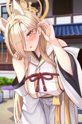 Rule 34 | 1girl, animal ears, blonde hair, blue archive, blurry, blurry background, bow, breasts, building, collarbone, commentary request, covered erect nipples, cowboy shot, detached sleeves, eyes visible through hair, eyeshadow, fox ears, hair bow, hair over one eye, hairband, hakama, hakama skirt, halo, highres, japanese clothes, kaho (blue archive), kimono, large breasts, long hair, makeup, mole, mole under mouth, orange halo, outdoors, parted lips, pink eyeshadow, short eyebrows, skirt, solo, standing, tassel, tyagamann, white kimono, white skirt, white sleeves, yellow eyes, yellow hairband
