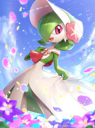 Rule 34 | absurdres, alternate costume, blue sky, bonnet, clothed pokemon, colored skin, creatures (company), dress, flower, game freak, gardevoir, gardevoir (fashionable), gen 3 pokemon, gonzarez, green hair, hand on own chest, highres, holding, holding clothes, holding dress, looking at viewer, nintendo, no humans, open mouth, petals, pokemon, pokemon (creature), pokemon unite, red eyes, sky, slit pupils, solo, white skin