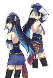 Rule 34 | 1girl, arm behind head, arm up, backless outfit, bare shoulders, black hair, black thighhighs, blue eyes, blue hair, blue headwear, blue skirt, character request, cropped legs, hair between eyes, hat, highres, houkago sai tensei!, long hair, long sleeves, multicolored hair, multiple views, pleated skirt, puffy long sleeves, puffy sleeves, shirt, simple background, skirt, sleeveless, sleeveless shirt, sleeves past wrists, somechime (sometime1209), thighhighs, tilted headwear, two-tone hair, very long hair, white background, white shirt