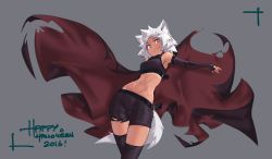 Rule 34 | 1girl, animal ears, armpits, cape, deel (rkeg), fang, fingerless gloves, gloves, halloween, happy halloween, highres, marinya, md5 mismatch, midriff, navel, original, red eyes, resolution mismatch, short hair, shorts, smile, solo, source larger, tail, thighhighs, torn clothes, white hair