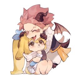 Rule 34 | 1boy, 1girl, animal ears, barefoot, black jacket, blonde hair, blue shirt, brown eyes, brown horns, chibi, chibi only, closed eyes, dragon boy, dragon horns, dragon tail, dragon wings, fairy tail, floppy ears, full body, highres, horns, jacket, jyukawa, long hair, looking at another, lucy heartfilia, natsu dragneel, open clothes, open jacket, open mouth, pants, pointy ears, ponytail, rabbit ears, rabbit girl, rabbit tail, scales, scarf, shirt, short hair, simple background, sitting, skirt, tail, white background, white pants, white scarf, white skirt, wings