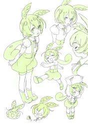 Rule 34 | 1girl, chibi, closed eyes, food, fruit, full body, green hair, green shorts, green theme, highres, lemon, long hair, looking at viewer, low ponytail, monochrome, multiple views, nishieda, open mouth, paper stack, puffy shorts, shorts, simple background, sketch, smile, sour (taste), suspender shorts, suspenders, voicevox, white background, zundamon