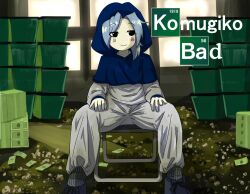 Rule 34 | 1girl, banknote, bastardkuzu, blue hair, blue hood, blush, breaking bad, bucket, chair, closed mouth, colored skin, commentary request, cookie (touhou), flat chest, flour (cookie), folding chair, full body, grey jumpsuit, hood, hood up, indoors, jumpsuit, kumoi ichirin, money, parted bangs, short hair, sitting, smile, smug, solo, touhou, white skin