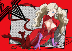 Rule 34 | 1girl, absurdres, blonde hair, blue eyes, bodysuit, boots, breasts, cat tail, cleavage, earrings, full body, gloves, high heel boots, high heels, highres, jewelry, large breasts, long hair, looking at viewer, lying, on side, persona, persona 5, purple gloves, red background, red bodysuit, solo, stud earrings, tail, takamaki anne, tongue, tongue out, twintails, whip, yozo7222, zipper pull tab