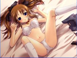 Rule 34 | 00s, 1girl, bed, bell, blue eyes, blush, bow, bow bra, bra, brown hair, collar, frilled bra, frills, game cg, hair ribbon, jpeg artifacts, kneehighs, lace, lace-trimmed bra, lace-trimmed panties, lace trim, legs up, lingerie, lying, nanao naru, neck bell, on back, panties, ribbon, socks, solo, spread legs, stomach, suika (visual novel), sweat, twintails, underwear, underwear only, wakabayashi mie, white bra, white panties, white socks
