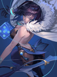 Rule 34 | 1girl, ass, asymmetrical gloves, backless outfit, black hair, blue background, breasts, cape, diagonal bangs, dice, elbow gloves, fur collar, genshin impact, gloves, green eyes, highres, large breasts, mismatched gloves, neck tassel, pants, poch4n, revealing clothes, see-through, short hair, single elbow glove, solo, string, tight clothes, tight pants, turning head, white cape, yelan (genshin impact)
