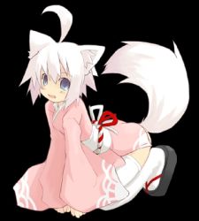 Rule 34 | 1girl, ahoge, animal ears, blue eyes, born freaks!, dog ears, fang, game cg, japanese clothes, kimono, lowres, simple background, solo, tail, uracil, white hair