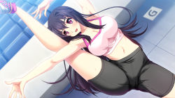 Rule 34 | 1girl, breasts, cameltoe, cleavage, game cg, gokkun athlete! kyonyuu medalist no oshaburi kyouka gasshuku, large breasts, legs up, long hair, mieri route, navel, open mouth, pink eyes, purple hair, solo, standing, thighhighs