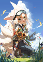 Rule 34 | 1girl, :d, absurdres, animal ears, ankle boots, antenna hair, arknights, asymmetrical clothes, blue pants, blue sky, boots, brown footwear, chino (user zdyd2447), cloud, day, dirty, dirty face, flower, fox ears, fox tail, full body, goggles, goggles on head, grass, green eyes, highres, holding, holding flower, jacket, kitsune, kneeling, looking at viewer, multiple tails, official alternate costume, open mouth, outdoors, pants, single pantsleg, sky, smile, sunflower, suzuran (arknights), suzuran (lostlands flowering) (arknights), tail, teeth, upper teeth only, white jacket, yellow flower