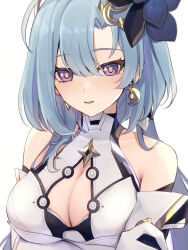Rule 34 | 1girl, absurdres, aged up, bare shoulders, blue hair, breasts, cleavage, cleavage cutout, clothing cutout, commentary, commentary request, crescent, crescent earrings, crossed arms, earrings, gloves, griseo, griseo (cosmic expression), hair between eyes, hair ornament, highres, honkai (series), honkai impact 3rd, jewelry, long hair, looking at viewer, medium breasts, parted lips, purple eyes, simple background, smile, solo, upper body, ura (hamburg oniku), white background, white gloves