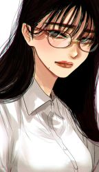 Rule 34 | 1girl, black hair, closed mouth, collared shirt, film grain, glasses, green eyes, highres, hoshi san 3, lipstick, long hair, looking at viewer, makeup, mole, mole under eye, mole under mouth, office lady, original, red lips, rimless eyewear, round eyewear, shirt, simple background, solo, upper body, white background, white shirt, wing collar