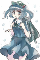 Rule 34 | 1girl, backpack, bag, belt, black bow, black bowtie, blue dress, blue eyes, blue hair, blush, bow, bowtie, cowboy shot, dress, eyebrows, flat cap, green hat, hair bobbles, hair ornament, hat, jewelry, kawashiro nitori, key, long sleeves, looking at viewer, matching hair/eyes, miyakure, necklace, pocket, short hair, simple background, solo, standing, sweatdrop, touhou, twintails, two side up, water, water drop, white background, wing collar