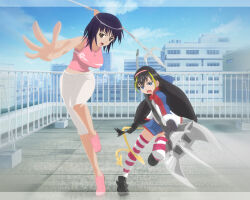 Rule 34 | 2girls, bare arms, bare shoulders, black footwear, black hair, blue eyes, blue skirt, blue sky, breasts, brown eyes, cloud, cloudy sky, commentary, day, demon tail, dvdice, friulian spear, full body, hair between eyes, hairband, holding, holding polearm, holding trident, holding weapon, incoming attack, itsuwa, jacket, large breasts, lessar, long hair, long sleeves, mechanical tail, medium hair, midriff peek, multicolored clothes, multicolored jacket, multiple girls, on roof, open mouth, outdoors, outstretched arms, pink footwear, pink hairband, pink tank top, polearm, rooftop, shorts, skirt, sky, sleeveless, spear, steel glove, striped clothes, striped thighhighs, tail, tank top, thighhighs, toaru majutsu no index, toaru majutsu no index: old testament, track jacket, v-shaped eyebrows, very long hair, weapon, white shorts, window, yellow tail, zettai ryouiki