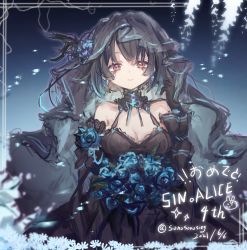 Rule 34 | 1girl, alice (sinoalice), anniversary, black dress, blue flower, bouquet, breasts, choker, cleavage, closed mouth, detached sleeves, dress, earrings, facepaint, flower, gothic lolita, highres, holding, holding bouquet, jewelry, lolita fashion, looking at viewer, sinoalice, sketch, smile, sonori, twitter username, veil