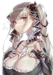 Rule 34 | 1girl, :t, azur lane, between breasts, black dress, breasts, cleavage, closed mouth, collarbone, commentary, detached sleeves, dress, earrings, emoillu, formidable (azur lane), frilled dress, frills, gem, glint, hand on own chest, jewelry, large breasts, long hair, looking at viewer, neckwear request, platinum blonde hair, pout, red eyes, simple background, sleeves past wrists, solo, twintails, two-tone dress, two-tone ribbon, upper body, white background