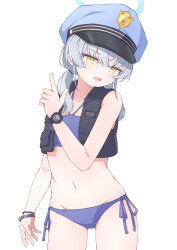 Rule 34 | 1girl, absurdres, alternate costume, bikini, blue archive, breasts, bulletproof vest, collarbone, commentary request, grey hair, halo, hat, highres, mizusaki (kn27), navel, open mouth, police, police hat, police uniform, policewoman, simple background, small breasts, solo, standing, swimsuit, uniform, valkyrie police academy student, watch, white background, wristwatch, yellow eyes