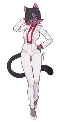 Rule 34 | 1girl, :3, :d, animal ears, black hair, breasts, cat ears, cat tail, collared shirt, colored inner hair, full body, hair over one eye, hand on own hip, hand up, highres, jacket, large breasts, long sleeves, looking at viewer, multicolored hair, necktie, one eye covered, open clothes, open jacket, open mouth, original, pants, pink eyes, pink hair, red shirt, shirt, shoes, simple background, slit pupils, smile, smug, solo, sparrowl, tail, white background, white footwear, white jacket, white necktie, white pants, wing collar
