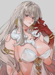 Rule 34 | 1girl, absurdres, armlet, bare shoulders, belly chain, blush, body markings, bracelet, breasts, cleavage, collarbone, colored skin, durga (fate), earrings, facial mark, fate/grand order, fate (series), forehead mark, gradient skin, grey hair, hair ribbon, highres, jewelry, large breasts, long hair, looking at viewer, pelvic curtain, red eyes, red skin, revealing clothes, ribbon, sash, snake, solo, thumb ring, very long hair, yurumawari