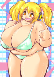 Rule 34 | 1girl, belly, blonde hair, blush, breasts, brown eyes, cleavage, covered erect nipples, fat, headphones, huge breasts, navel, nitroplus, open mouth, shiny skin, solo, super pochaco, swimsuit, thick thighs, thighs, tomoyamaru, twintails, wide hips, yellow eyes