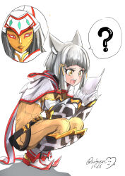 Rule 34 | 1girl, :o, ?, animal ear fluff, animal ears, armored boots, artist name, boots, cat ears, cat girl, full body, gloves, grey hair, highres, holding, holding paper, jumpsuit, nia (xenoblade), open mouth, paper, short hair, signature, simple background, sofusan1526, solo, spoken question mark, surprised, white background, white gloves, xenoblade chronicles (series), xenoblade chronicles 2, yellow eyes, yellow jumpsuit
