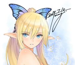 Rule 34 | 1girl, bare shoulders, blonde hair, blue eyes, commentary request, elf, flower, hair ornament, highres, kirika towa alma, looking at viewer, official art, parted lips, pointy ears, shining (series), shining resonance, signature, simple background, smile, solo, tony taka, upper body