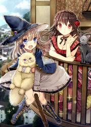 Rule 34 | 2girls, animal, blonde hair, blue eyes, blush, breasts, broom, broom riding, broom surfing, brown hair, cape, capelet, cat, clarinet (natsumi3230), cleavage, commentary request, flower, flying, hair flower, hair ornament, hat, hat ornament, holding, holding animal, holding cat, kurata rine, long hair, looking at viewer, medium breasts, multiple girls, neck ribbon, open mouth, original, red eyes, ribbon, witch, witch hat