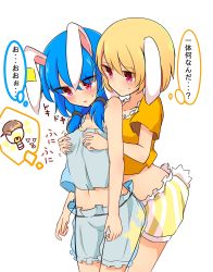 Rule 34 | 2girls, animal ears, blonde hair, bloomers, blue hair, blush, grabbing another&#039;s breast, camisole, commentary request, grabbing, grabbing from behind, highres, inon, long hair, low twintails, midriff, multiple girls, navel, open mouth, rabbit ears, rabbit tail, ringo (touhou), see-through, seiran (touhou), shirt, short hair, tail, thought bubble, touhou, translation request, twintails, underwear, yellow shirt, yuri