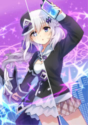 Rule 34 | 1girl, :o, arm up, black dress, black hat, black jacket, blue eyes, breasts, brown skirt, cellphone, cleavage, commentary request, dress, grey hair, hat, highres, holding, holding phone, jacket, layered sleeves, long hair, long sleeves, looking at viewer, medium breasts, original, parted lips, peaked cap, phone, pleated skirt, shirt, short over long sleeves, short sleeves, skirt, solo, somechime (sometime1209), sparkle, very long hair, white shirt