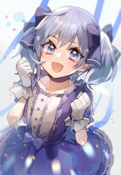 Rule 34 | 1girl, blue dress, blue eyes, blue hair, blue ribbon, blurry, blush, chiro (chi-bu-ko), commentary request, commission, confetti, depth of field, dress, gloves, gradient background, hair ribbon, highres, looking at viewer, nijisanji, ribbon, skeb commission, smile, solo, twintails, virtual youtuber, yuuki chihiro, yuuki chihiro (1st costume)