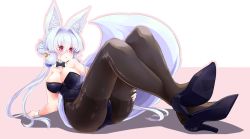 Rule 34 | 1girl, amino dopple, animal ear fluff, animal ears, arm support, black pantyhose, blush, bow, bowtie, breasts, cleavage, crossed ankles, detached collar, extra ears, facial mark, fox ears, fox tail, hair bun, hair intakes, large breasts, legs, long hair, original, pantyhose, pink eyes, pointy ears, reclining, sidelocks, silver hair, simple background, single hair bun, solo, tail