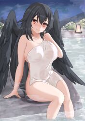 Rule 34 | 1girl, absurdres, arm at side, bird wings, black hair, black wings, blush, breasts, brown eyes, bush, cleavage, closed mouth, collarbone, commentary request, covering privates, eyelashes, feet out of frame, hair between eyes, hand rest, hand up, head tilt, highres, holding, holding towel, large breasts, long hair, looking at viewer, naked towel, navel, night, nose blush, nude, nude cover, o1118, onsen, outdoors, parted bangs, red eyes, reiuji utsuho, see-through, sitting, sky, smile, soaking feet, solo, star (sky), starry sky, steam, touhou, towel, very long hair, water, wet, wet towel, wings