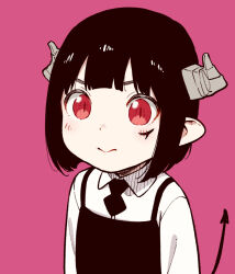 Rule 34 | 1girl, aged down, black dress, black hair, blunt bangs, blush, child, closed mouth, demon horns, demon tail, dress, facial mark, hime-sama &quot;goumon&quot; no jikan desu, hirakei, horns, looking at viewer, official art, overall dress, pink background, pointy ears, red eyes, shirt, short hair, simple background, slit pupils, smile, solo, tail, torture tortura, upper body, white shirt