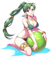 Rule 34 | 1girl, armlet, asymmetrical bangs, ball, bare arms, bare shoulders, barefoot, beach, beachball, bikini, blue bikini, blush, bracer, breasts, cleavage, closed mouth, collarbone, commentary request, earrings, fire emblem, fire emblem: the blazing blade, fire emblem heroes, full body, green eyes, green hair, high ponytail, highres, jewelry, kori (etinop), long hair, low-tied long hair, lyn (fire emblem), medium breasts, multi-tied hair, necktie, nintendo, pink lips, simple background, sitting, smile, solo, swimsuit, very long hair, white background