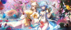 Rule 34 | 2girls, absurdres, ahoge, bare shoulders, bird, blue hair, blush, breasts, bug, butterfly, china dress, chinese clothes, dress, flower, ganyu (genshin impact), genshin impact, goat horns, hair ornament, hairpin, highres, horns, insect, large breasts, long hair, looking at viewer, multiple girls, ningguang (genshin impact), parted bangs, pistachiocream, purple eyes, red eyes, side slit, sidelocks, smile, tassel, thighs, very long hair, water, white hair
