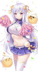 Rule 34 | 1girl, ahoge, azur lane, bare shoulders, belt, bird, black choker, blush, blush stickers, braid, braided bun, breasts, character name, cheerleader, chick, choker, closed mouth, clothes writing, commentary, cowboy shot, crop top, cropped shirt, cygnet (azur lane), cygnet (royal fanfare) (azur lane), double bun, elbow gloves, gloves, groin, hair between eyes, hair bun, hair ornament, hair ribbon, highres, holding, holding megaphone, holding pom poms, large breasts, long hair, looking at viewer, manjuu (azur lane), megaphone, midriff, navel, official alternate costume, pink pom poms, pleated skirt, pom pom (cheerleading), pom poms, purple skirt, red eyes, ribbon, sakuba nao, shirt, sidelocks, simple background, skindentation, skirt, sleeveless, sleeveless shirt, standing, sweat, taut clothes, taut shirt, thighhighs, two-tone shirt, whistle, whistle around neck, white background, white belt, white gloves, white hair, white shirt, white thighhighs, yellow ribbon, zettai ryouiki