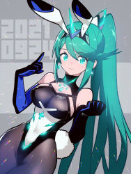 Rule 34 | 1girl, animal ears, black leotard, breasts, chest jewel, cleavage, covered navel, dated, earrings, elbow gloves, fake animal ears, female focus, gloves, green eyes, green hair, highleg, highleg leotard, jewelry, large breasts, leotard, long hair, looking at viewer, matching hair/eyes, nintendo, pantyhose, playboy bunny, pneuma (xenoblade), ponytail, rabbit ears, rabbit girl, sasaki tomomi, see-through, smile, solo, strapless, strapless leotard, swept bangs, tail, very long hair, xenoblade chronicles (series), xenoblade chronicles 2