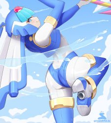 Rule 34 | 1girl, armor, ass, blue eyes, blue hair, blush, bodysuit, boots, capcom, fairy leviathan (mega man), from behind, gloves, helmet, looking at viewer, looking back, mega man (series), mega man zero (series), short hair, smile, solo, staff, thigh boots, thighhighs, zambonito