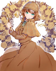 Rule 34 | 1girl, blush, brown cape, brown dress, brown hair, cabbie hat, cape, circle, deerstalker, detective, dress, floral background, floral print, green eyes, hat, holding, holding magnifying glass, idolmaster, idolmaster cinderella girls, kate (idolmaster), koyo akio, long skirt, long sleeves, looking at viewer, looking to the side, magnifying glass, neck ribbon, plaid capelet, plaid headwear, ribbon, rose print, skirt, smile, solo, wavy hair