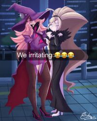 Rule 34 | 2girls, absurdly long hair, bare shoulders, black footwear, black nails, blazblue, blazblue: cross tag battle, breasts, building, closed eyes, commission, covered face, crossover, dress, emoji, english text, fur trim, hair over one eye, hand over face, hat, high heels, high ponytail, highres, hilda (under night in-birth), konoe a. mercury, long hair, long sleeves, medium breasts, multicolored clothes, multicolored dress, multiple girls, nail polish, off-shoulder dress, off shoulder, ponytail, purple dress, signature, skyscraper, sleeveless, sleeveless dress, swept bangs, thighhighs, under night in-birth, urban, very long hair, vitriccitrus, white footwear, witch, witch hat