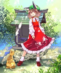 Rule 34 | 1girl, :d, animal ear fluff, animal ears, blush, bow, bowtie, brown eyes, brown hair, cat, cat ears, cat tail, chen, dappled sunlight, day, dress, earrings, full body, gold trim, hat, highres, jewelry, mob cap, multiple tails, nekomata, open mouth, outdoors, red dress, short hair, single earring, smile, solo, standing, sunlight, tail, touhou, two tails, umigarasu (kitsune1963), white bow, white bowtie
