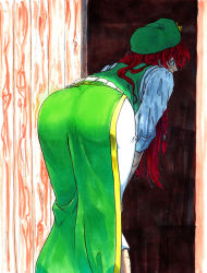 Rule 34 | 1girl, ass, bent over, beret, blouse, braid, chinese clothes, female focus, hat, hong meiling, koyubi (littlefinger1988), leaning forward, long hair, red hair, shirt, solo, thighs, touhou, white shirt, wide hips