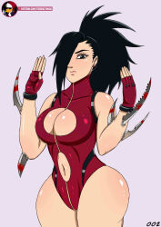 Rule 34 | 1girl, absurdres, alternate universe, artist request, bare shoulders, black hair, blush, boku no hero academia, breasts, cleavage, cleavage cutout, clothing cutout, dark persona, highres, knife, large breasts, leaning forward, long hair, looking at viewer, midriff, navel, solo, standing, thick thighs, thighs, villain pose, yaoyorozu momo