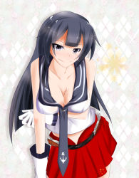 Rule 34 | 10s, 1girl, agano (kancolle), black eyes, black hair, breast hold, breasts, cleavage, gloves, kantai collection, large breasts, leaning forward, long hair, naughty face, pleated skirt, skirt, sleeveless, smile, solo, toudou kinji, white gloves