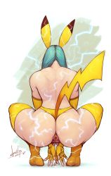 Rule 34 | 1girl, anal hair, anus, aqua hair, ass, bare back, bikini, bikini bottom only, commentary, cosplay, creatures (company), devilhs, elbow gloves, electricity, female pubic hair, from behind, full body, g-string, game freak, gen 1 pokemon, gloves, hair over shoulder, highres, pussy, nintendo, pikachu, pikachu (cosplay), pikachu ears, pikachu tail, pokemon, pokemon ears, pokemon tail, pubic hair, pussy, solo, squatting, swimsuit, tail, thick thighs, thighhighs, thighs, thong, tiptoes, topless, uncensored, wedgie, yellow bikini, yellow gloves, yellow thighhighs