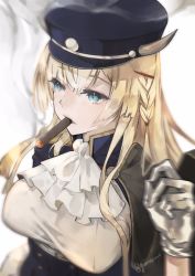 Rule 34 | 1girl, ascot, azur lane, blonde hair, blue eyes, blue hat, blue jacket, blurry, blurry background, blurry foreground, braid, breasts, buttons, cigar, depth of field, double-breasted, eyelashes, gloves, grey gloves, hand up, hat, highres, horns, horns through headwear, jacket, kongou (azur lane), large breasts, long hair, mouth hold, neko (ganecooo), side braid, smoke, smoking, solo, twitter username, upper body, white ascot, white background