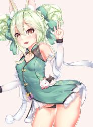 Rule 34 | 1girl, animal ears, art556, art556 (girls&#039; frontline), bare shoulders, black panties, bow, breasts, covered erect nipples, cowboy shot, detached sleeves, female focus, fox ears, girls&#039; frontline, gmkj, green bow, green hair, hair between eyes, hair bow, highres, looking at viewer, looking to the side, multiple bows, open mouth, panties, petite, small breasts, solo, underwear