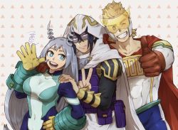 Rule 34 | 1girl, 2boys, :&gt;, amajiki tamaki, aqua bodysuit, armor, artist name, belt pouch, blonde hair, blue eyes, blue hair, bodysuit, boku no hero academia, breasts, cape, closed mouth, collarbone, commentary, covered abs, covered navel, domino mask, drill hair, fingernails, gloves, grin, hadou nejire, hair between eyes, hand on another&#039;s shoulder, hand on own hip, hand up, hood, hood up, hooded cape, large breasts, long hair, long sleeves, mahoubin (totemo hot dayo), mask, multiple boys, muscular, muscular male, one eye closed, open mouth, outstretched arm, pouch, red cape, red gloves, shoulder armor, signature, skin tight, smile, symbol-only commentary, thumbs up, tinted eyewear, togata mirio, triangle, twin drills, v, white cape, yellow-tinted eyewear, yellow gloves